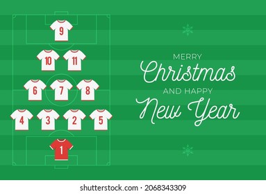 Christmas and new year greeting flat cartoon card. Creative Xmas tree made by football soccer shirt on football field background for Christmas and New Year celebration. Sport greeting card