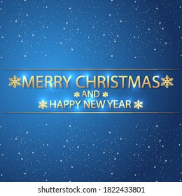 Christmas new year greeting gold on blue background of snowflakes, vector art illustration.