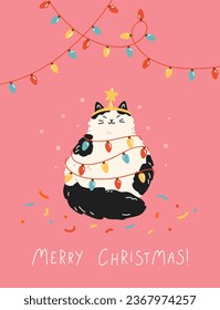 Christmas and New Year greeting holiday card with cute cat. Adorable feline pet decorated with garlands like a Christmas tree. Vector design for celebration print, poster, banner. Flat cartoon style.