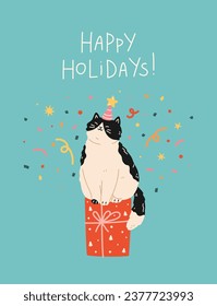 Christmas and New Year greeting holiday card with funny cute cat. Surprised feline pet sitting on gift box with confetti. Vector flat design for celebration print. Hand drawn cartoon style.