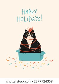 Christmas and New Year greeting holiday card with funny cute cat. Feline pet sitting in gift box with ribbon like a Christmas tree. Vector flat design for celebration print. Hand drawn cartoon style.