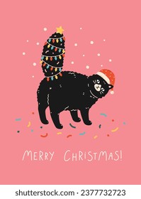 Christmas and New Year greeting holiday card with cute cat in hat. Pet tail decorated with garlands and lights like a Christmas tree. Vector Xmas design for celebration print. Flat cartoon style.