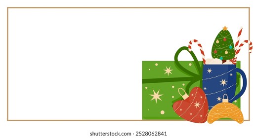 Christmas and New Year Greeting Horizontal Card or Invitation Template. Vintage Elegant Christmas or New Year Decoration Illustration. Happy Merry Xmas Greeting Party Banner Design Background