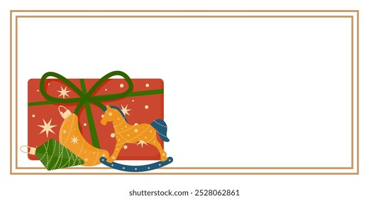 Christmas and New Year Greeting Horizontal Card or Invitation Template. Vintage Elegant Christmas or New Year Decoration Illustration. Happy Merry Xmas Greeting Party Banner Design Background