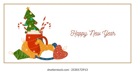 Christmas and New Year Greeting Horizontal Card or Invitation Template. Vintage Elegant Christmas or New Year Decoration Illustration. Happy Merry Xmas Greeting Party Banner Design Background