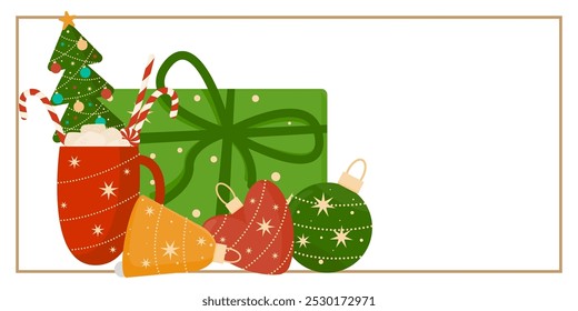 Christmas and New Year Greeting Horizontal Card or Invitation Template. Vintage Elegant Christmas or New Year Decoration Illustration. Happy Merry Xmas Greeting Party Banner Design Background