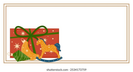 Christmas and New Year Greeting Horizontal Card or Invitation Template. Vintage Elegant Christmas or New Year Decoration Illustration. Happy Merry Xmas Greeting Party Banner Design Background