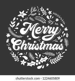 Christmas and New year greeting or invitation card. Merry Christmas hand drawn lettering on black background.Vector illustration.