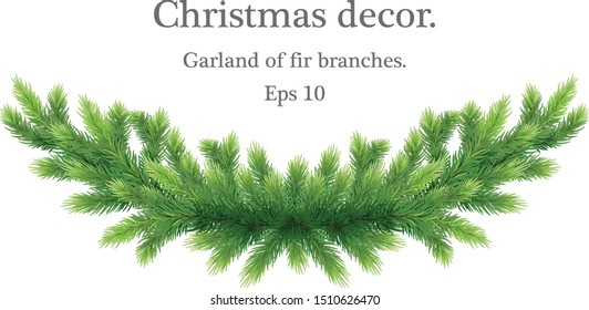 Christmas and New year greeting or invitation card.  Elegant realistic garland of fir branches. Christmas decoration. Natural decor. EPS 10