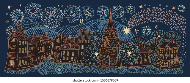 Christmas and New Year greeting, invitation card on a dark blue background. Fairy tale old medieval town street, church, houses, Magic star, mountains, Hand drawn sketch snowflakes