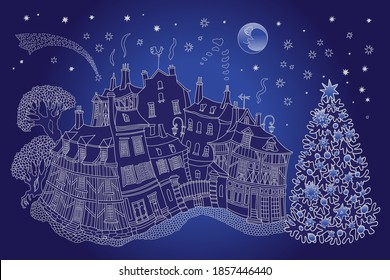 Christmas and New Year greeting, invitation card on a dark blue background. Fairy tale old medieval town street, church, houses, Magic comet star, snowflakes, Christmas fir tree