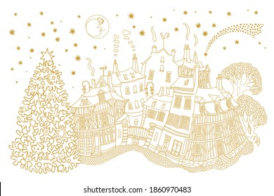 Christmas and New Year greeting, invitation card on a white  background. Fairy tale old medieval town street, church, houses, Magic comet star, snowflakes, Christmas fir tree gold contour