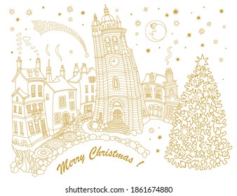 Christmas and New Year greeting, invitation card on a white  background. Fairy tale old medieval town street, church, houses, Magic comet star, snowflakes, Christmas fir tree gold contour