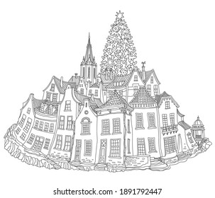 Christmas and New Year greeting, invitation card on a white  background. Fairy tale old medieval town street, church, houses,  Christmas fir tree dark silver contour