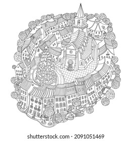 Christmas and New Year greeting, invitation card background. Fairy tale old medieval town street, church, houses, Christmas fir tree. Coloring book page for adults and children