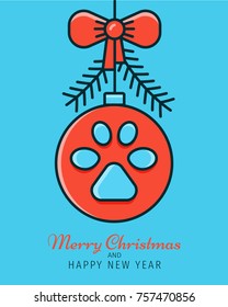 Christmas and New Year greeting and invitation card, poster, banner, header concept. Winter illustration with tree decoration - bauble with dog footstep.