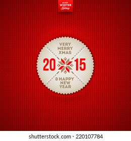 Christmas and New year greeting label on a red knitted background - vector illustration