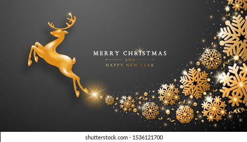Christmas and New Year greeting luxury design with golden statuette of jumping deer and whirlwind of gorgeous golden snowflakes on black background. Vector illustration.