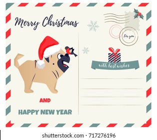 Christmas or New Year greeting postcard funny pug