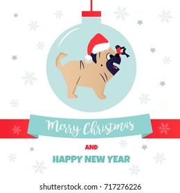 Christmas or New Year greeting postcard funny pug in the ornament ball