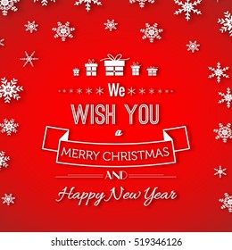 Christmas and New Year greeting poster with white paper text gifts ribbon on red background vector illustration