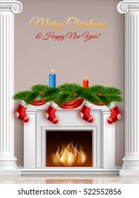 Christmas and New Year greeting poster with fireplace fir branches candles ribbons and socks vector illustration