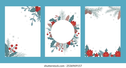 Christmas and New Year greeting posters set. Cozy winter cards with fir branches, berries, holly and pine cones. Vertical templates for festive season, vector graphics