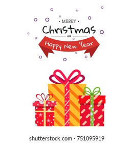 Christmas and New Year greeting, ribbon and holiday boxes on a white background. Vector illustration of christmas and new year.