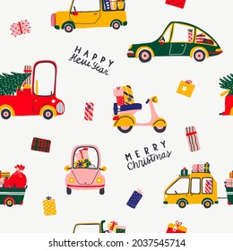 Christmas and New Year greeting seamless pattern. Illustration of retro cars and a scooter with gifts and a Christmas tree. Background for design, cards, posters, wrapping paper, textile, wallpaper.