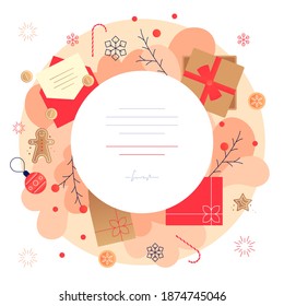 Christmas and New Year greeting. Squared banner with round place for text. Modern flat illustration. Vector file.