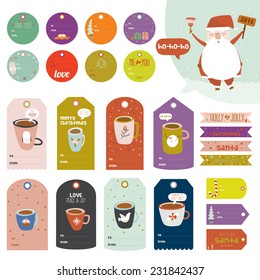 Christmas and New Year greeting stickers, labels, tags and ribbons with cute winter elements, typography, greeting and wishes. Good for wrapping and scrapbooking. Santa congratulates of the holidays