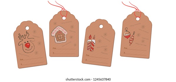 Christmas and New Year greeting tags with a pencil drawing of a deer, house, candles and Christmas decorations. Vector