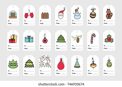 Christmas and New Year greeting  tags  with cute hand drawn winter elements.Set of holiday stamps tags badge pins stickers greeting cards templates.Vector seasonal design