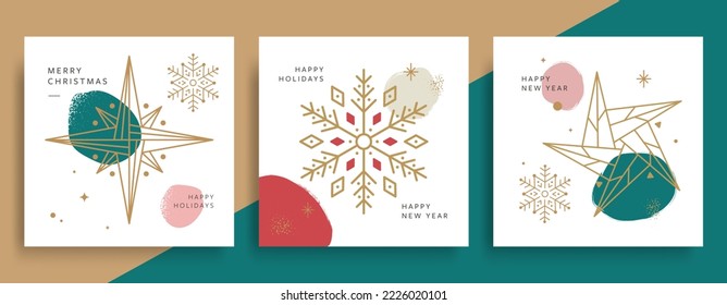 Christmas and New Year greeting vintage cards. Vector xmas illustrations for holiday graphic with snowflakes, stars.