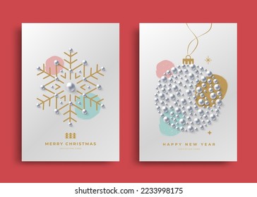 Christmas and New Year greeting vintage cards. Vector xmas illustrations for holiday graphic with snowflake, silver ball.