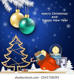 Christmas and New Year greetings Christmas balls hanging on tree branches, a large bag with gifts