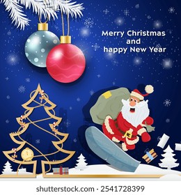 Christmas and New Year greetings Christmas balls hanging on tree branches, Santa Claus with a bag of gifts on a snowboard