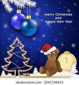 Christmas and New Year greetings Christmas balls hanging on tree branches, a bear toy in a Santa Claus hat