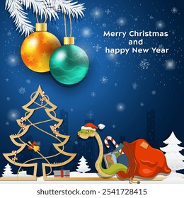 Christmas and New Year greetings Christmas balls hang on tree branches, a snake in a Santa Claus hat crawls out of a bag with gifts