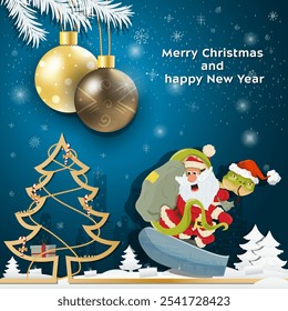 Christmas and New Year greetings Christmas balls are hanging on tree branches, A snake and Santa Claus are snowboarding