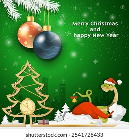 Christmas and New Year greetings Christmas balls hang on tree branches, a snake peeks out from behind Santas hat