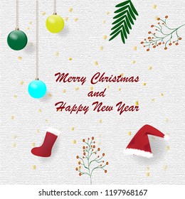 Christmas and New Year greetings card, with fire ball, flower, socks and Santa Cross hat.