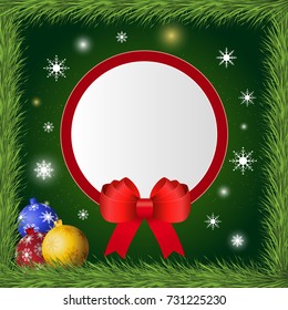 Christmas and New Year greetings card surrounded by pine leaves. Vector illustration.