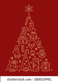 Christmas and New year greetings. Decorative pattern in form of a Christmas tree of holiday symbols. Snowman, gift, deer, mitten, ball, stocking, bell, snowflake and other signs. Gold pattern on Red.