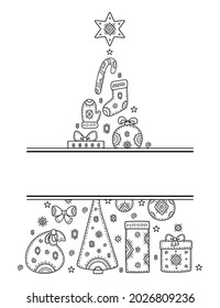 Christmas and New year greetings. Decorative pattern in form of a Christmas tree of holiday symbols. Snowman, gift, deer, mitten, ball, stocking, bell, snowflake and other signs. Frame for inscription