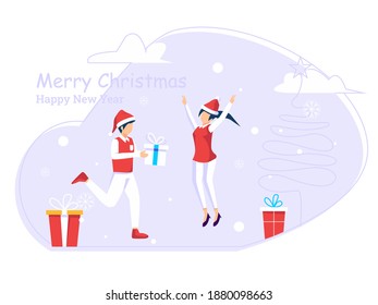 Christmas New Year Greetings design concept. Men give gift boxes to girlfriends. used for web, posters, flyers. flat vector.