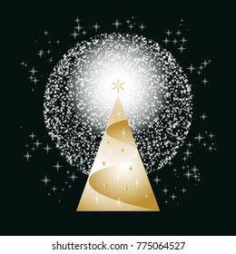 Christmas and New Year greetings - Golden gradient firs - Stars as a circle - Black background