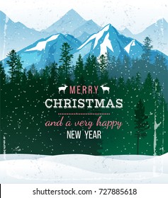 Christmas And New Year Greetings Over Winter Landscape With Forest And Mountains