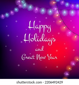 Christmas and New Year greetings post for social media. Holiday greeting's on vibrant colorful background with lights. Vector illustration.
