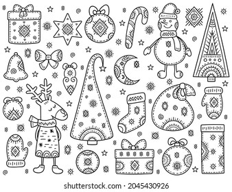 Christmas and New year greetings. Rectangular decorative pattern made of holiday symbols. Snowman, gift, Christmas tree, deer, mitten, ball, stocking, bell snowflake and other signs. Coloring book pa